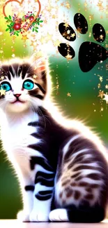 Cute kitten with sparkling accents on colorful background.