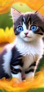 Cute kitten with blue eyes and sunflowers on wallpaper