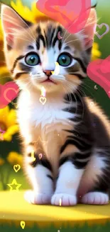 Cute kitten sits among sunflowers with pink hearts, creating an adorable scene.