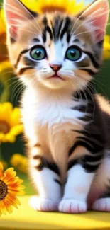 Cute kitten with big green eyes surrounded by sunflowers.