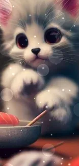 Adorable fluffy kitten playing with sushi in cozy setting.