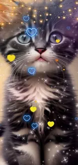 Cute kitten with twinkling lights and sparkles on fur.