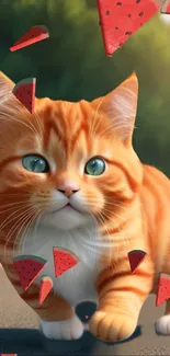 Cute orange kitten with watermelon pieces on a sunny day.