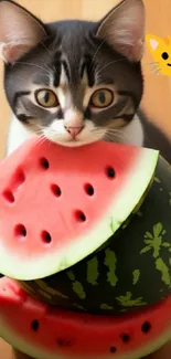 Cute kitten with watermelon slices wallpaper.