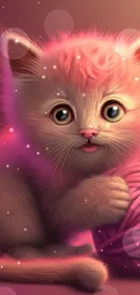 Cute fluffy kitten with a pink yarn ball on a colorful background.