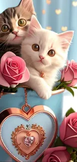 Cute kittens with pink roses and heart-shaped pendant.