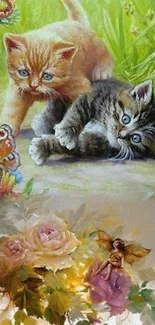 Kittens playing with a butterfly in a garden with flowers.