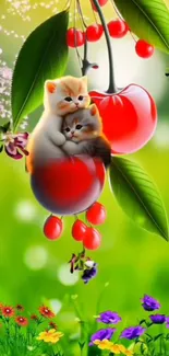 Cute kittens with vibrant cherries in a serene green garden setting.