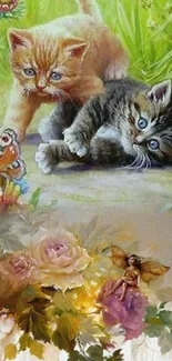 Kittens playing with butterflies in a floral setting.