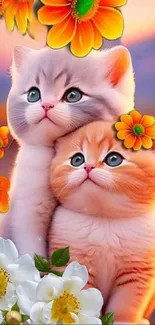 Two cute kittens with orange and white flowers, vibrant phone wallpaper.