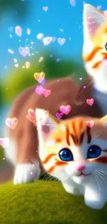 Adorable kittens with vibrant heart bubbles on a colorful background.