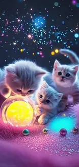Kittens playing with glowing orbs on a sparkly background.