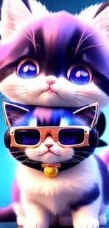 Two cute kittens, one with sunglasses, on a vibrant blue background.