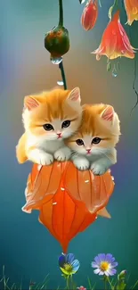 Two cute kittens with flowers in a fantasy setting.