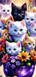 Cute kittens nestled among colorful flowers.