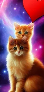 Two cute kittens with a heart in a galaxy backdrop.