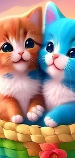 Adorable kittens sitting in a colorful basket wallpaper.