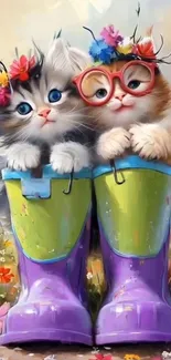 Two adorable kittens in boots with flowers.
