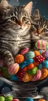 Kittens sitting in a bowl of colorful candies, creating a playful and cute scene.