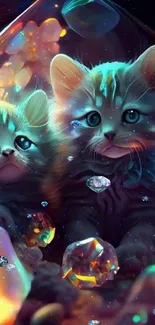 Two cute kittens with crystals in a fantasy setting, designed for mobile wallpaper.