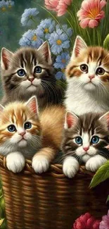 Adorable kittens in a floral basket wallpaper.