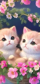 Adorable kittens in a basket with pink flowers, perfect for mobile wallpaper.