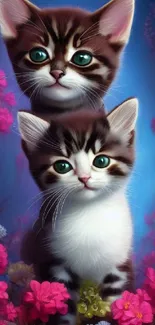 Adorable kittens with pink flowers on blue background wallpaper.