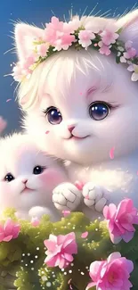 Adorable kittens with flowers in a basket, perfect for mobile wallpaper.