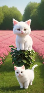 Two cute white kittens in a colorful flower field with lush greenery.