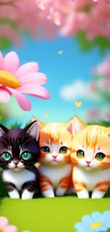 Three cute kittens in a colorful flower garden; ideal for mobile wallpaper.