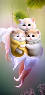 Three cute kittens in a flowery pod.