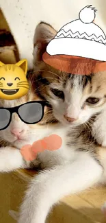 Two cute kittens in hats and glasses on a cardboard box.