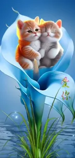 Two cute cats in a blue flower art wallpaper.