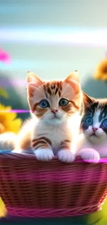 Two cute kittens in a vibrant pink basket with colorful flowers.