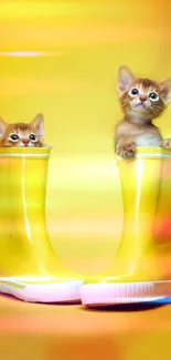 Two kittens peeking out of yellow boots on a bright background.