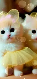 Two kittens dressed in yellow tutus, looking adorable and playful.