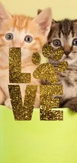 Cute kittens with 'LOVE' glitter text in a bowl.