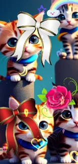 Four cute kittens with bows and accessories on a vivid city background.