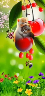 Cute kittens sitting on cherries with vibrant flowers and greenery.