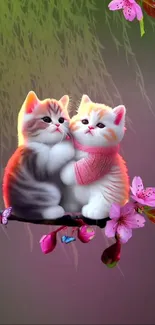 Two cute kittens on a branch with flowers.