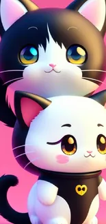 Two cute cartoon kittens with a pink background.