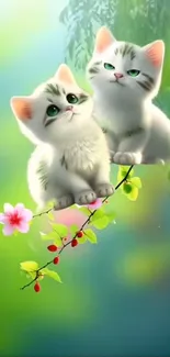 Adorable kittens perched on a spring branch, set against a vibrant green backdrop.