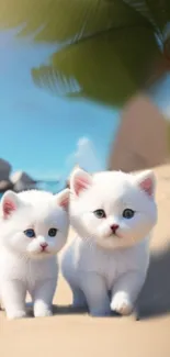 Two fluffy white kittens stroll on a tropical beach with palm fronds overhead.