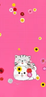 Adorable cartoon kittens stacked with yarn on a vibrant pink background.