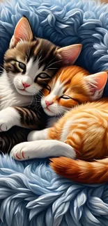 Two cute kittens snuggle together on a fluffy blue blanket, creating a cozy scene.