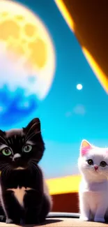 Two cute kittens sit under a vibrant, moonlit night sky.