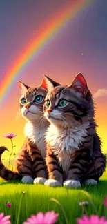 Cute kittens sit in a colorful field under a vivid rainbow at sunset.