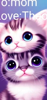 Adorable digital art of cute kittens with big eyes and purple background.