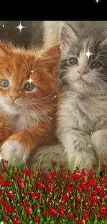 Charming wallpaper of two kittens with sparkling stars and red flowers.