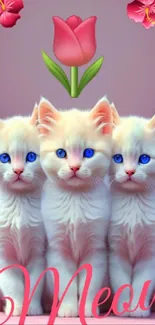 Adorable kittens with blue eyes and pink floral accents on a cute wallpaper.